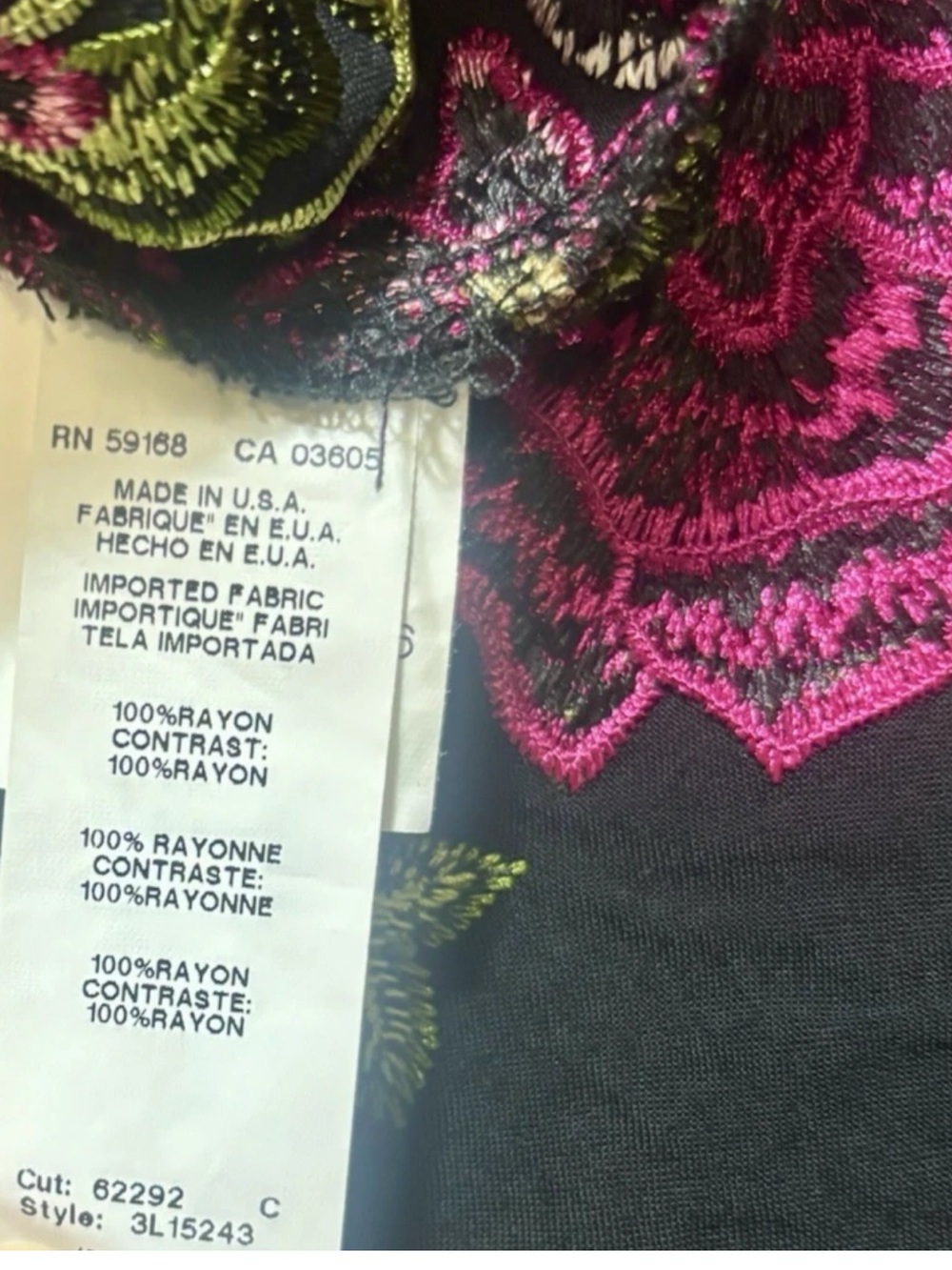 Karen Kane Black Pink Green Floral Embroidered 3/4 Sleeve Side Slits Tunic XL - Picture 5 of 12